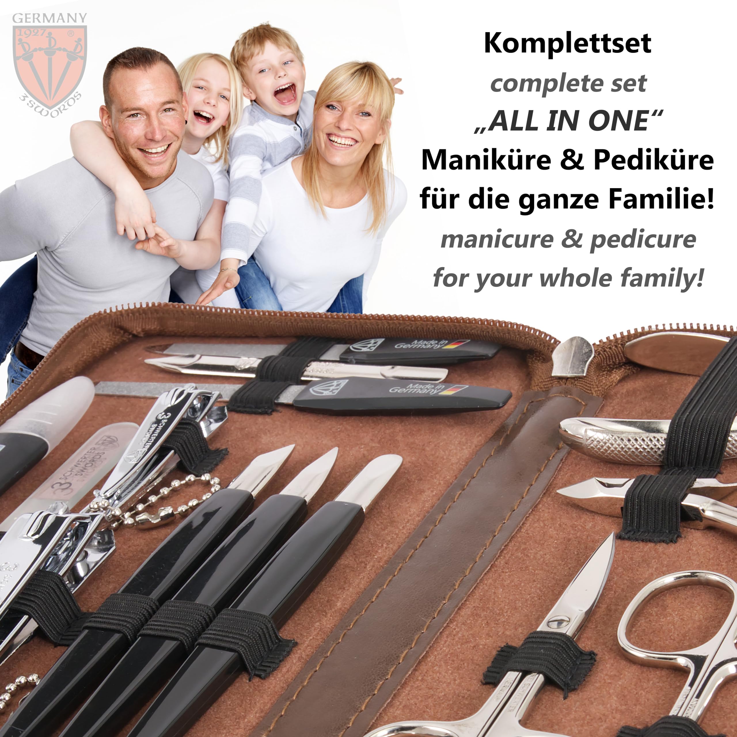 3 Swords Germany - brand quality 16 piece manicure pedicure grooming kit set for professional finger & toe nail care scissors clipper fashion leather case in gift box